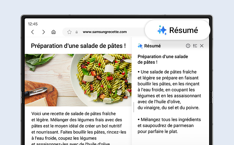 Un site Web est résumé à l'aide de l'Assistant Web. Le résumé s'affiche à l'écran pour le site Web auquel vous avez accédé via l'application Samsung Internet.