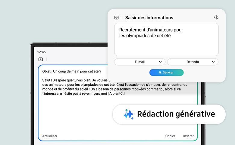 Vue à l'écran, la fonction Composer de l'Assistant Messages génère un bloc de texte. Un courriel est rédigé à partir de quelques mots-clés.