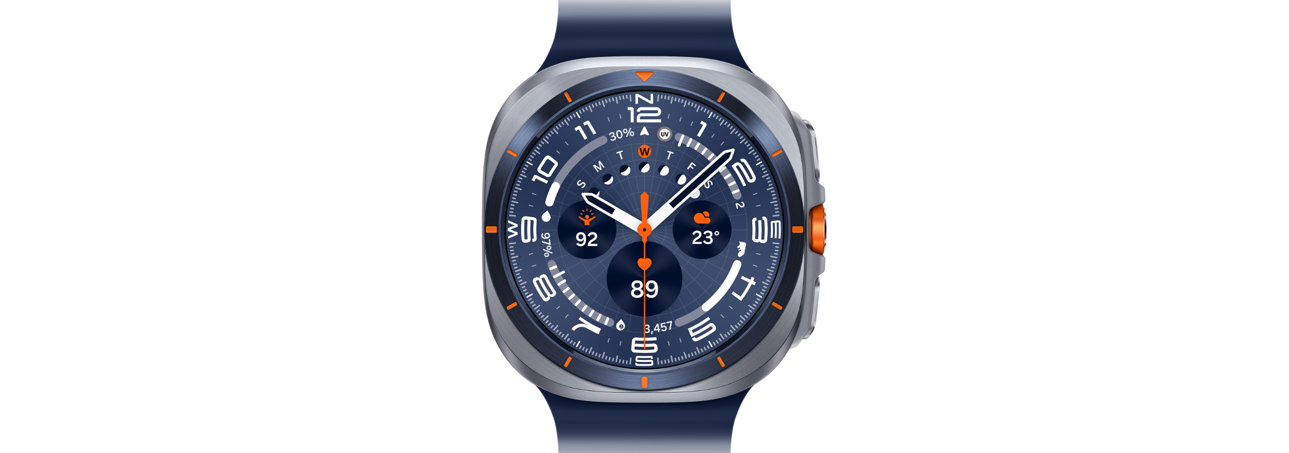 Ένα Galaxy Watch Ultra στραμμένο προς τα εμπρός.