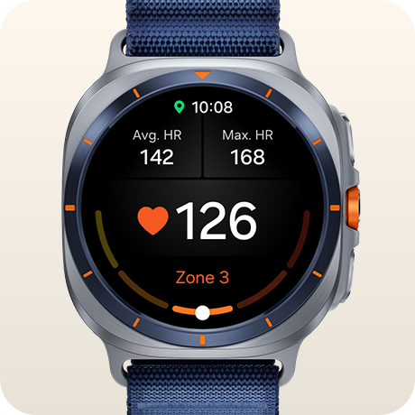 Ένα Galaxy Watch Ultra που εμφανίζει την οθόνη Εξατομικευμένη ζώνη καρδιακού ρυθμού που δείχνει τον μέσο καρδιακό ρυθμό, τον μέγιστο καρδιακό ρυθμό, τον τρέχοντα καρδιακό ρυθμό και την τρέχουσα ζώνη ΚΡ.
