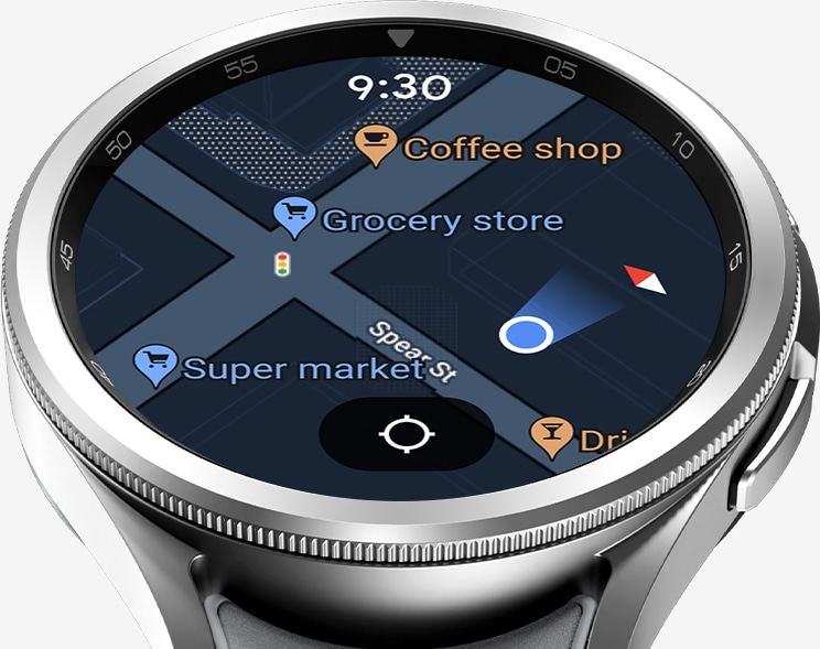 Απεικονίζεται το Galaxy Watch6 Classic να εμφανίζει τη λειτουργία GPS, που δείχνει την τοποθεσία του χρήστη στους Χάρτες Google.