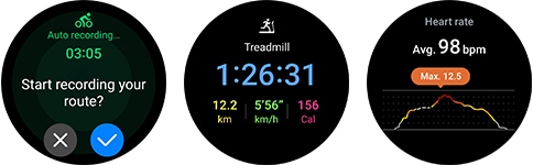 Galaxy Watch6 Classic can be seen displaying different workout icons with hiking icon in the middle, 'Hiking' text below and Settings icon at the bottom. Three extra GUI screens can be seen. The first one is showing the 'Auto recording' feature with the text 'Start recording your route?'. The second one is showing Cycling tracking screen with time, distance and burnt calories shown. The third one is showing workout result screen with average heart rate and the heart rate graph.