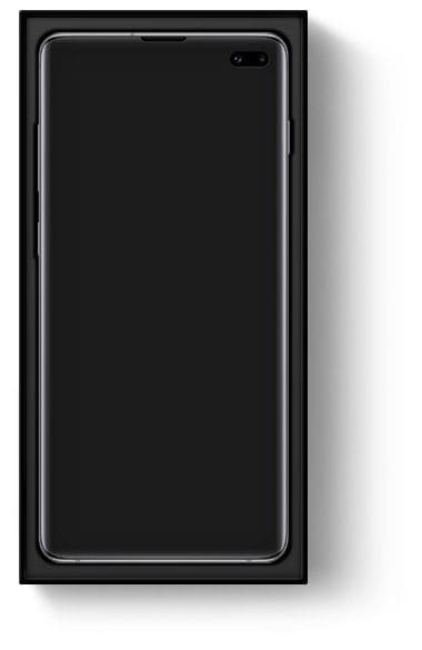 Επίπεδη φωτογραφία του κουτιού του Galaxy S10 plus με το Galaxy S10 plus και περιλαμβάνεται θήκη Clear Cover Παρακάτω περιλαμβάνεται το καλώδιο δεδομένων, το αντάπτορας ταξιδιού, ο εξωλκέας, ο αντάπτορας USB και τα ακουστικά AKG.