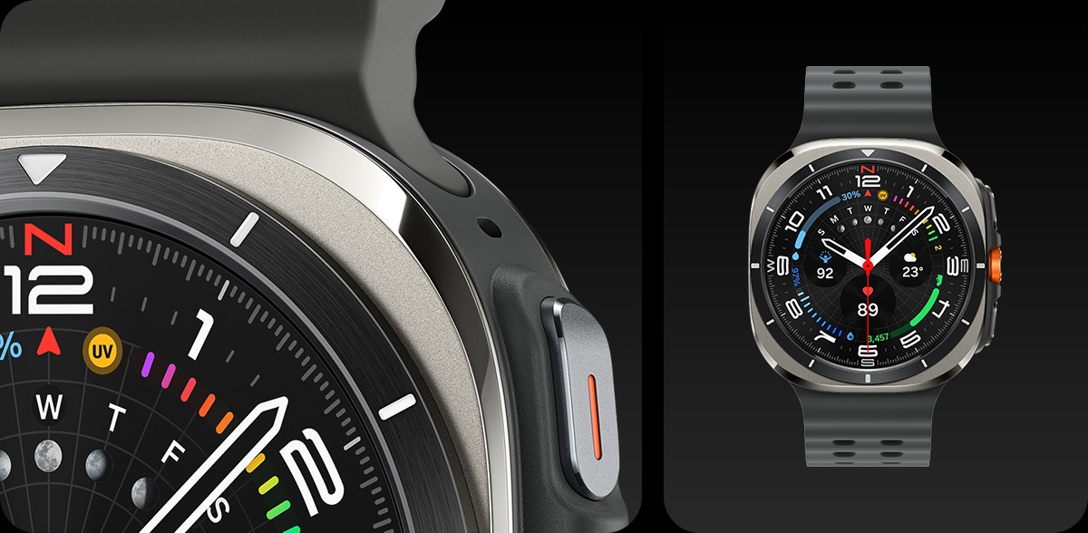 鈦金銀色的 Galaxy Watch Ultra。Galaxy Watch Ultra 的特寫局部視圖和完整正面視圖。