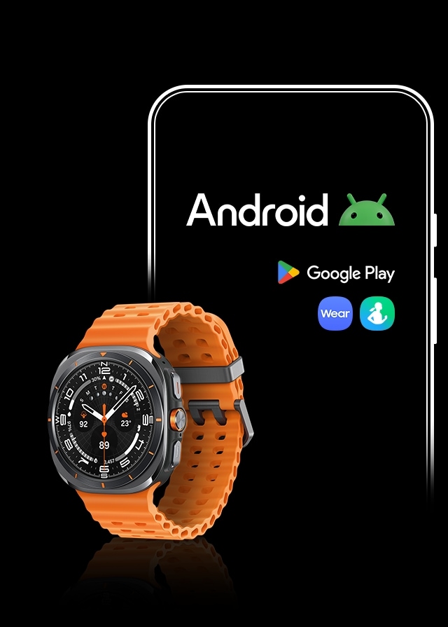 背景是 Android 智能手機,上面有 Android 標誌、Google Play 標誌和 Galaxy Wearable 和 Samsung Health 應用程式的圖示。前面是 Galaxy Watch Ultra。