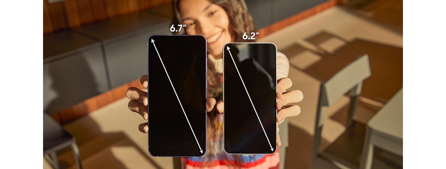 Measured diagonally, Galaxy S24 Plus is 6 point 7 inches and Galaxy S24 is 6 point 2 inches.