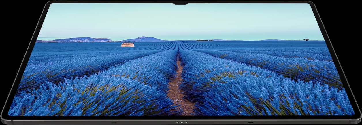 Appareil de la série Galaxy Tab S9 en mode Paysage avec un fond d'écran bleu à l'écran, mettant en valeur les couleurs vives.