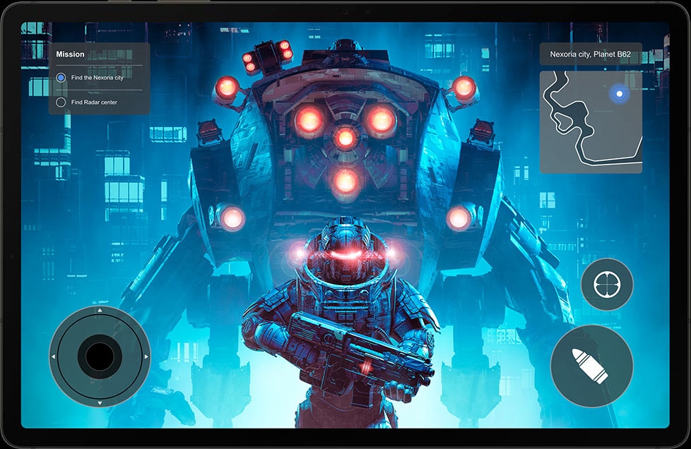 Appareil de la série Galaxy Tab S9 en mode Paysage avec un jeu d'action de science-fiction à l'écran.