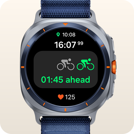 A Galaxy Watch Ultra displaying Race feature screen showing a comparison of the real-time personal record and the past record with a text '01:45 ahead,' and the current heart beat is shown.