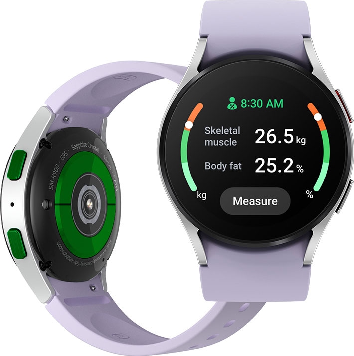 The underneath of a Galaxy Watch5 device is shown. On the right is a frontal view of the Watch5 device with the BIA user interface reading Skeletal muscle 26.5 kilograms, Body fat 25.2%, and time as 8:30 a.m. On the side and rear of the device body, the Home Key, Back Key, and Bioelectrical Impedance Analysis Sensor measure BIA.