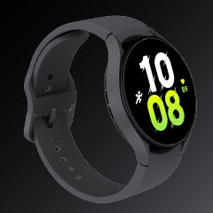 A three-quarter shot of a Graphite Galaxy Watch5 device with a band that's closed.