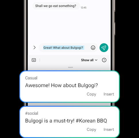 A draft text message is written into the send bar. "Great! What about bulgogi?" Alternative phrasing is suggested in different tones. Casual tone says, "Awesome! How about bulgogi?" Social tone says, "Bulgogi is a must-try! Hashtag Korean BBQ"