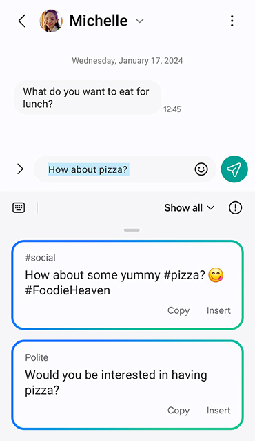 A draft text message is written into the send bar. "How about pizza?" Chat Assist suggests alternative phrasing in different tones. Social tone says, "How about some yummy hashtag pizza. Yum emoji. Hashtag foodie heaven." Polite tone says, "Would you be interested in having pizza?"