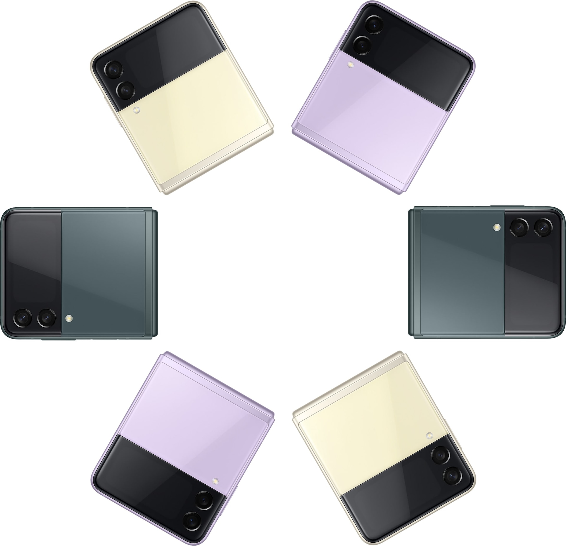 Šest Galaxy Z Flip3 5G telefona preklopljeno je i promatrano sa strane prednje maske. Dva su uređaja krem boje, dva u boji lavande i dva zelene boje, a boje se na svima njima izmjenjuju.