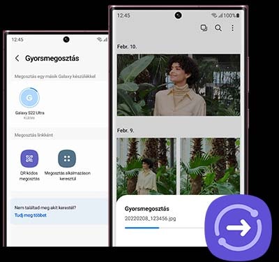 Két Galaxy S22 Ultra telefon elölről. Az egyik telefonon a Gyorsmegosztás panel látható a képernyőn. A másik képen a Galéria látható, amely a Gyorsmegosztás által küldött fényképek és videók feltöltését mutatja.