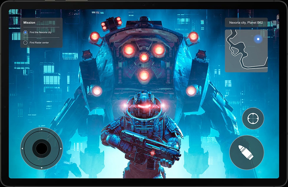 Perangkat seri Galaxy Tab S9 dalam mode Lanskap dengan game aksi fiksi ilmiah pada layarnya.