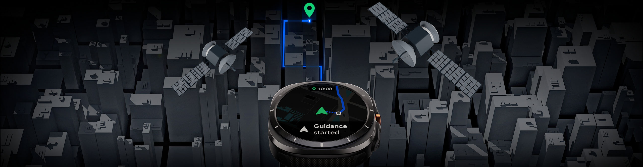 A Galaxy Watch Ultra is displaying navigation on a map with the text 'Guidance started.' A directional line extends off the display towards the destination through dense city blocks. Two satellites can be seen, emphasizing the dual frequency bands.