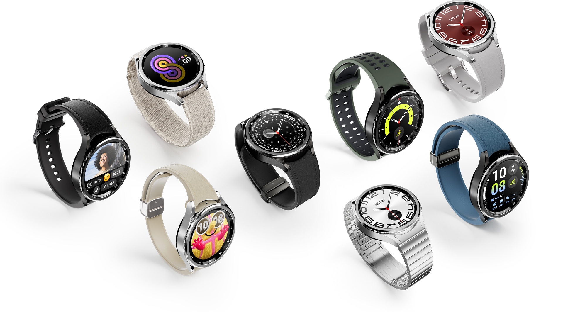 Terlihat beberapa Galaxy Watch6 Classic dengan watch band berbeda. Setiap Watch menampilkan tampilan jam yang berbeda.
