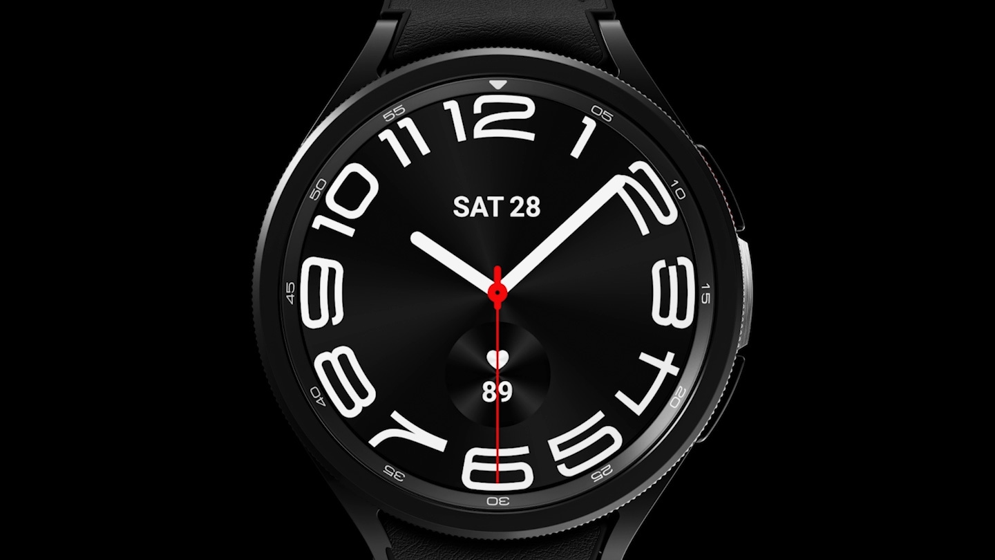 Garis bentuk tampilan depan Galaxy Watch6 Classic yang diperbesar dipenuhi warna.