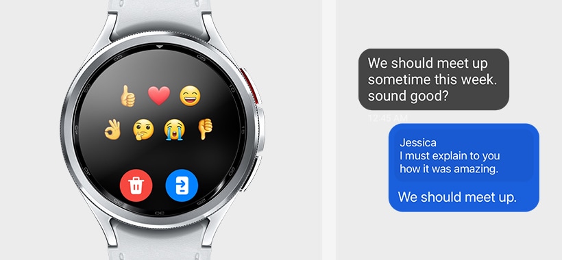 Terlihat Galaxy Watch6 Classic menampilkan daftar emoji pada layar teks. Dua pesan teks juga dapat terlihat untuk menunjukkan bahwa pesan teks dapat diterima dan dikirim pada Galaxy Watch6 Classic, tanpa mengeluarkan ponsel Anda.