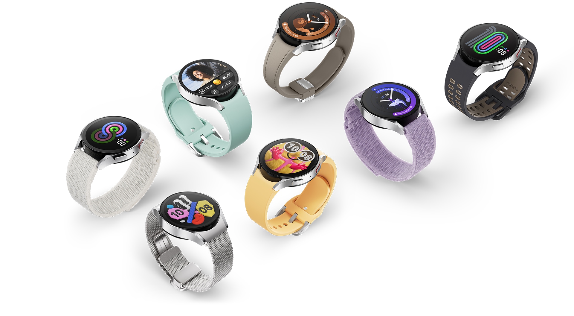 Beberapa Galaxy Watch6 dengan watch band berbeda dapat terlihat, berdiri tegak. Setiap Watch menampilkan tampilan jam yang berbeda.