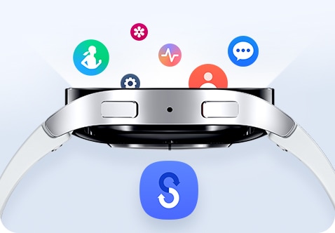 Terlihat tampilan samping Galaxy Watch6 menghadap ke atas, dengan berbagai ikon aplikasi yang masuk ke layar untuk menunjukkan transfer data. Di bawah Watch ada ikon aplikasi Smart Switch.