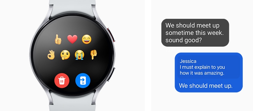 Terlihat Galaxy Watch6 menampilkan daftar emoji pada layar teks. Dua pesan teks juga dapat terlihat untuk menunjukkan bahwa pesan teks dapat diterima dan dikirim pada Galaxy Watch6, tanpa mengeluarkan ponsel Anda.