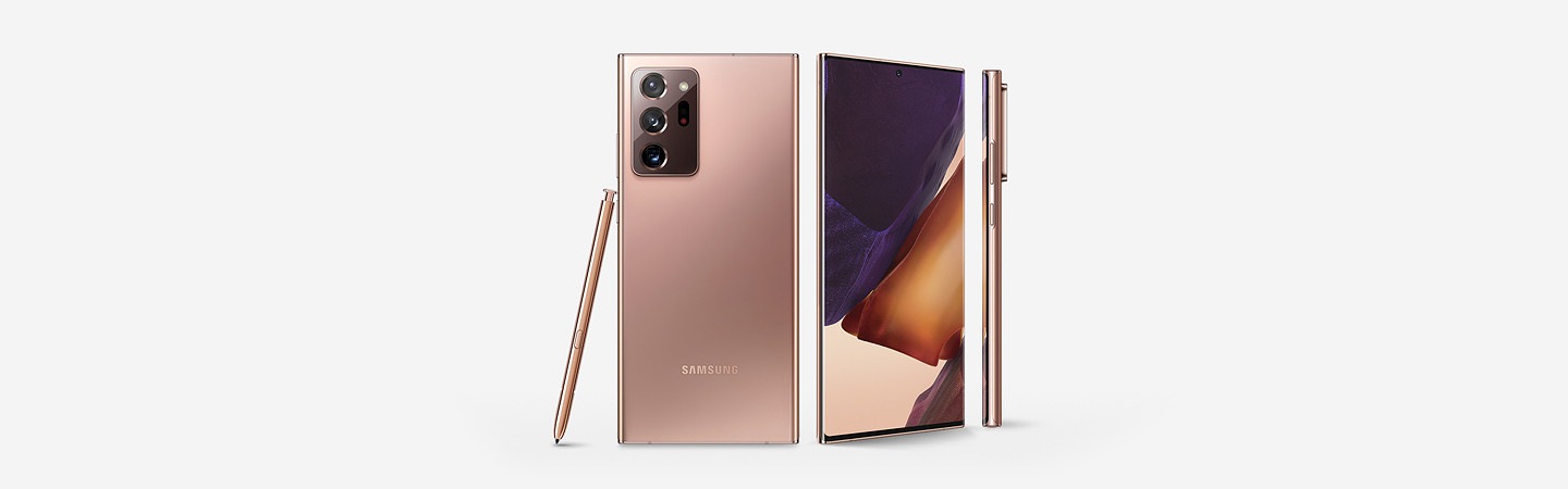 A mystic bronze Galaxy Note20 Ultra is showing its back on the left and the next one is showing its front display, and another one is showing its side on the right-end.