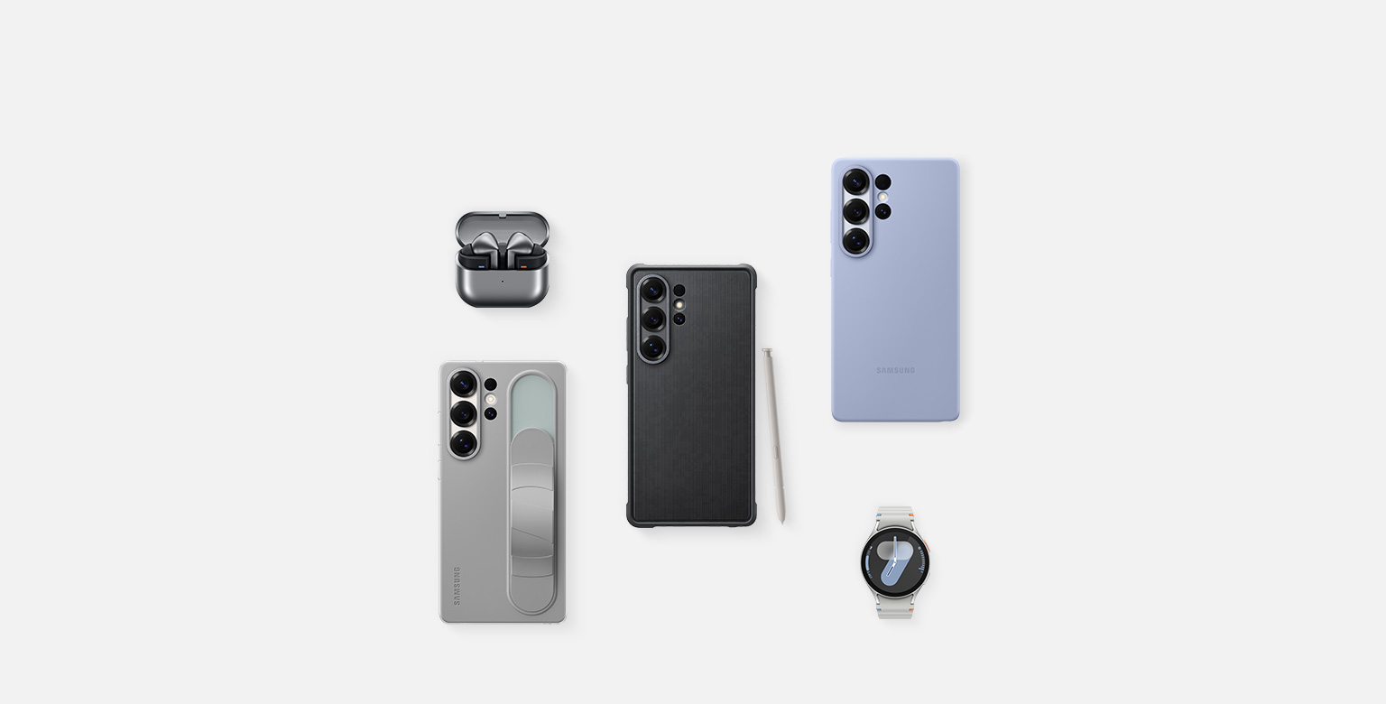 A flat lay of Samsung accessories for Galaxy S25 Ultra: First, Galaxy Buds3 Pro in Silver with the ear buds, Galaxy S25 Ultra with Rugged Case installed and S Pen in Light Gray, Galaxy S25 Ultra with Silicone Case in Light Blue installed, Galaxy Watch7, Galaxy S25 Ultra with Standing Grip Case in Gray installed.