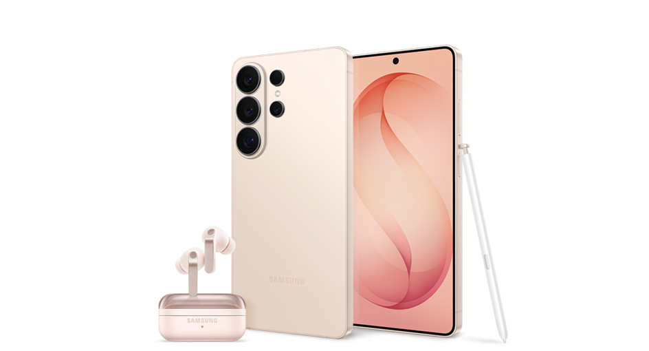 Two Galaxy S26 Ultra phones in Pink Gold, with one seen from the back view with the rear cameras, and the other seen from the front view with the screen and an S pen leaning against it. Galaxy Buds4 Pro in Pink Gold are hovering outside its case.