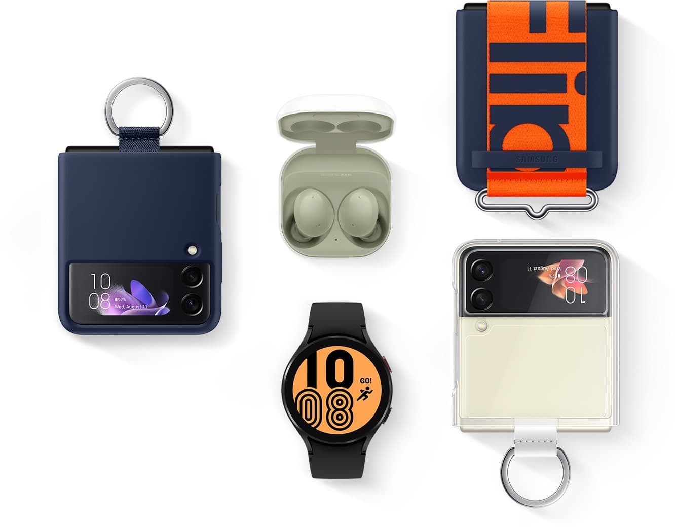 Samsung Galaxy Z Flip3 bisa dilipat, dengan kelengkapan aksesori seperti Galaxy Buds2, cover with ring, dan Galaxy Watch4.