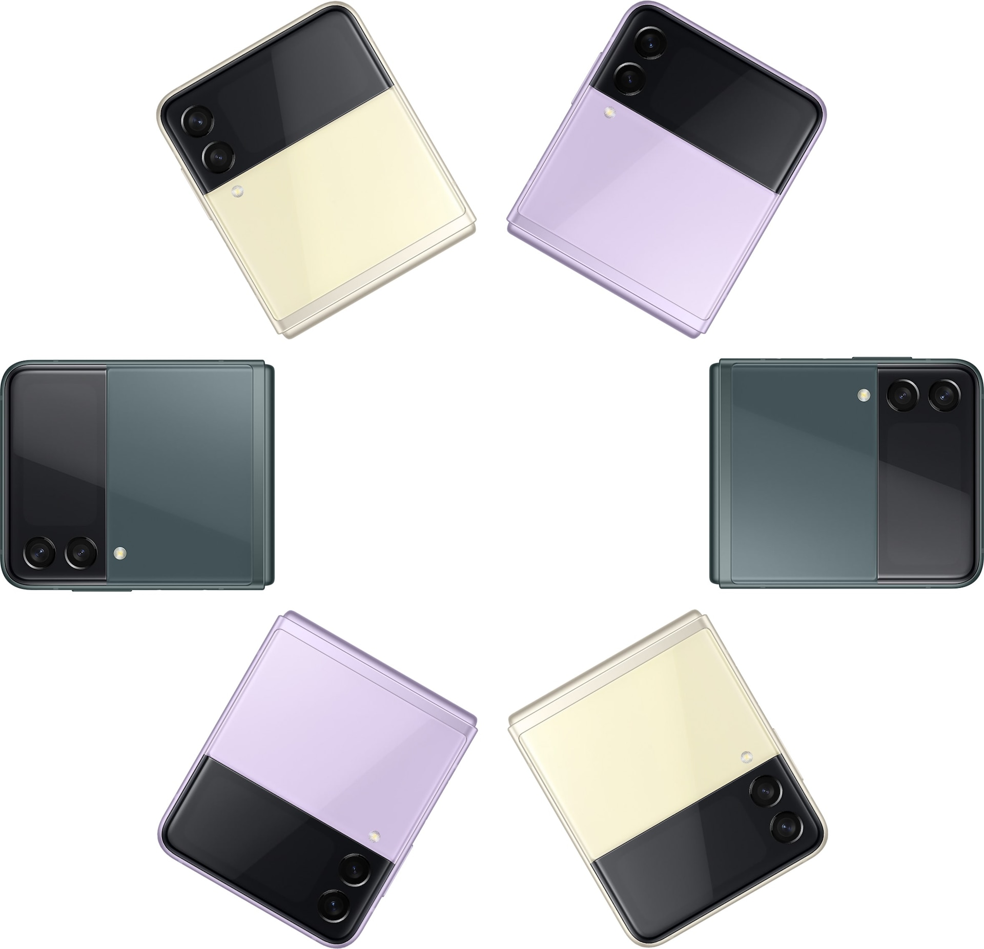 Enam hp Samsung Galaxy Z Flip 5G terlihat dari Sampul Depan dalam warna Cream, Lavender dan Hijau semua warna bergantian.