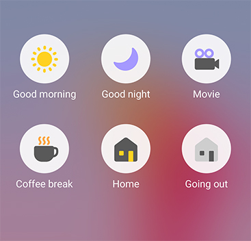 SmartThings routines widget shows preset scenes for home automation.