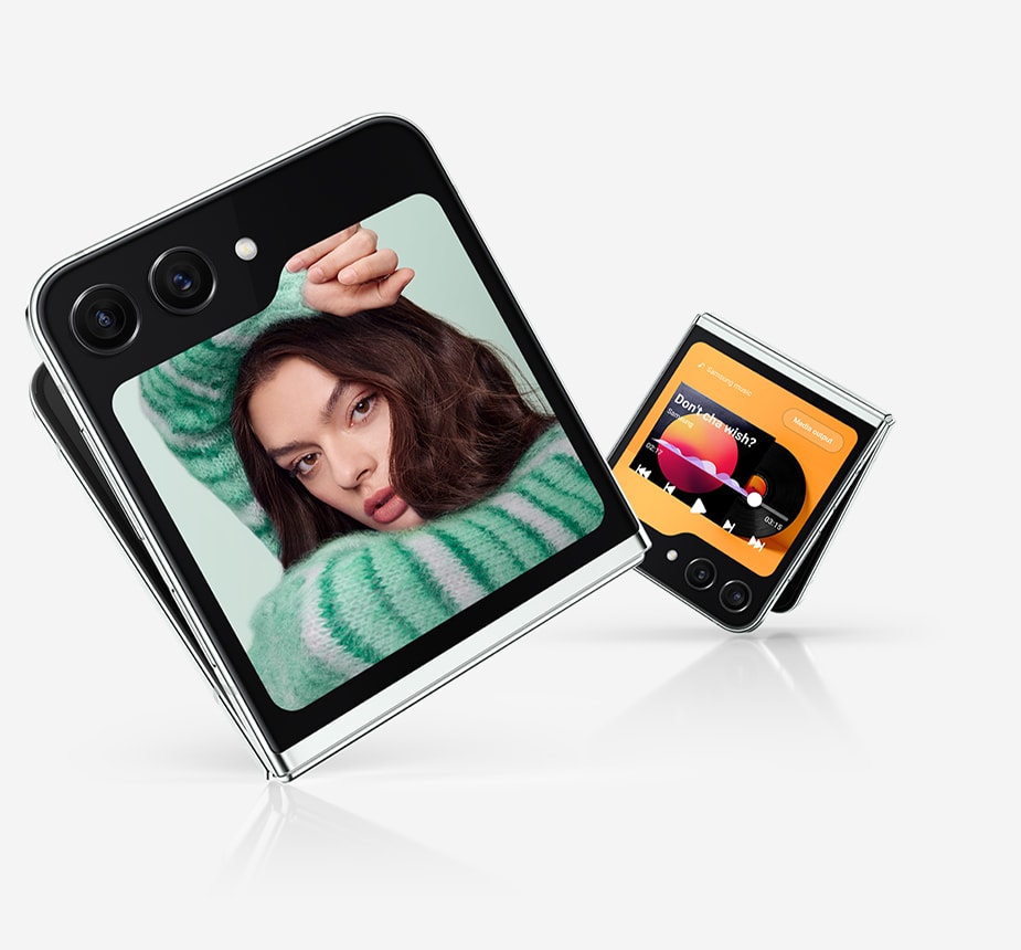 Two Galaxy Z Flip5 devices are slightly unfolded and seen from the Flex Window. One shows a selfie. The second shows a media player with playback controls and a progress bar.