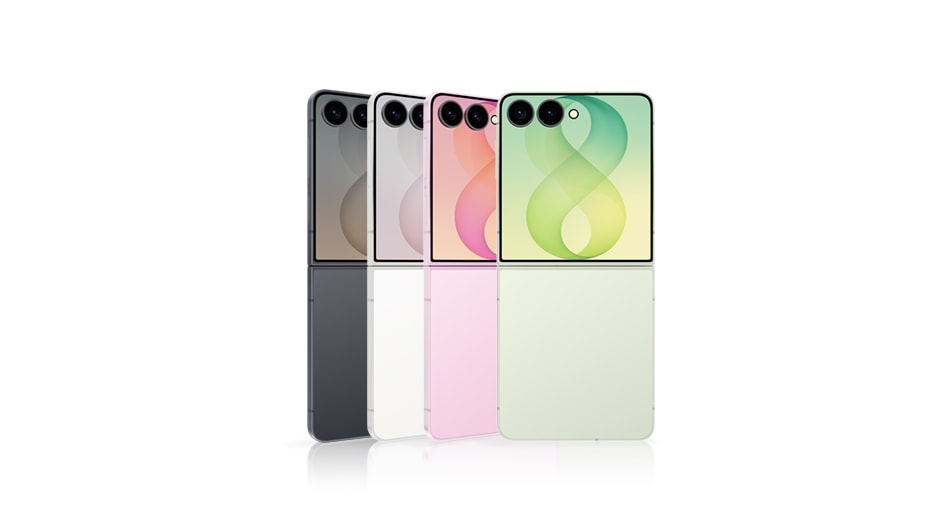 Tiga Samsung Galaxy Z Flip8 dalam Graphite, Cream dan Pink dibuka, berdiri miring, menunjukkan bagian belakang dengan layar sampul. Satu Galaxy Z Flip8 di Mint dibuka, berdiri tegak, terlihat dari belakang dengan layar sampul.