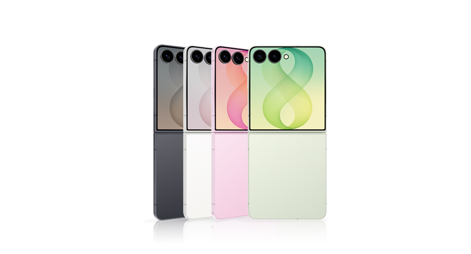 Tiga Samsung Galaxy Z Flip8 dalam Graphite, Cream dan Pink dibuka, berdiri miring, menunjukkan bagian belakang dengan layar sampul. Satu Galaxy Z Flip8 di Mint dibuka, berdiri tegak, terlihat dari belakang dengan layar sampul.