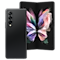 An unfolded front screen of a Phantom Black Glaxy Fold3 5G with abstract art piece on its screen overlays the rear side.