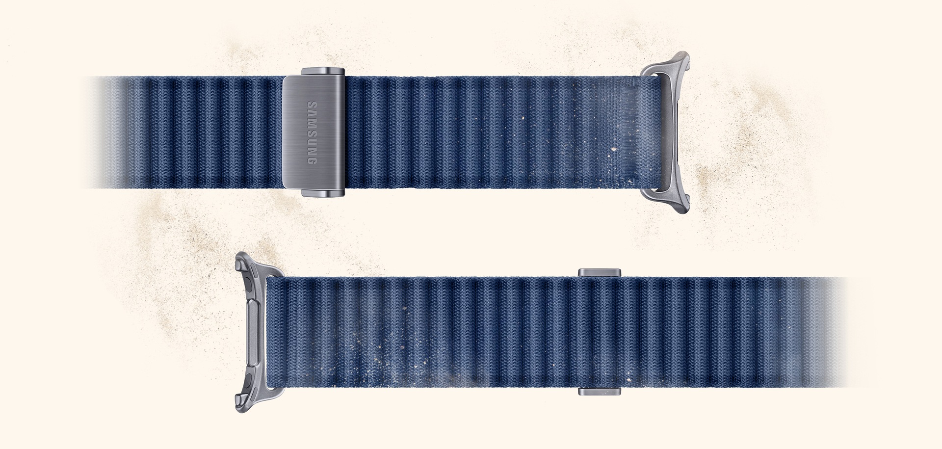 Trail Band placed horizontally with dust nearby to indicate the lightweight, breathable characteristics of the watch band.