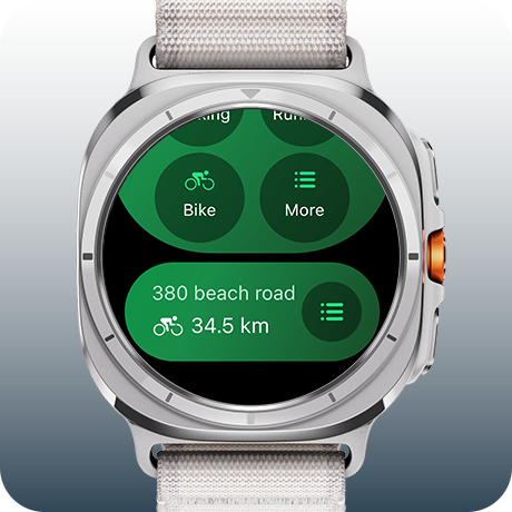 A Galaxy Watch Ultra displaying exercise feature with route feature section at the bottom. Text 380 beach road, 34.5 kilometre with bike icon and more menu on the right.