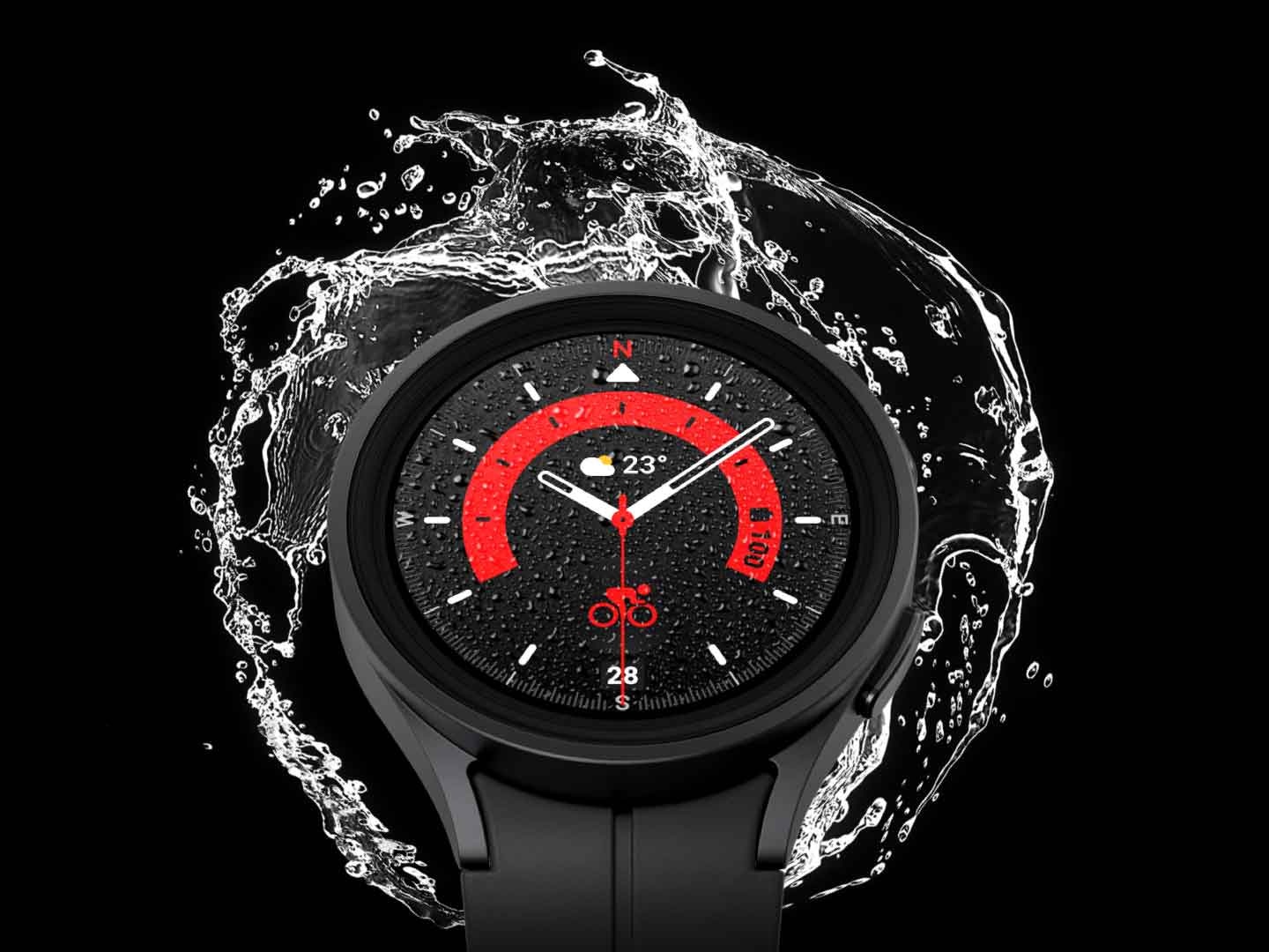 A Galaxy Watch5 Pro with a Black Titanium case is displaying a cycling function on the watch face.