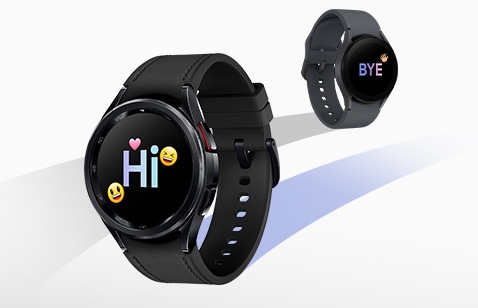 Se pueden ver dos Galaxy Watch, que ilustran el servicio de intercambio. En la parte posterior hay un modelo anterior de Galaxy Watch, que muestra el texto 'Bye' con un emoji de mano. En la parte delantera está el Galaxy Watch6, que muestra el texto "Hola" con emojis de caras sonrientes y corazones.