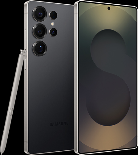 Two Galaxy S25 Ultra devices in Titanium Black. One is seen from the main screen and one is seen from the rear with S Pen leaning against it.