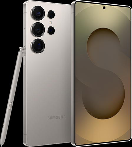 Two Galaxy S25 Ultra devices in Titanium Grey. One is seen from the main screen and one is seen from the rear with S Pen leaning against it.
