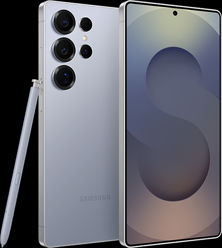 Two Galaxy S25 Ultra devices in Titanium Silverblue. One is seen from the main screen and one is seen from the rear with S Pen leaning against it.