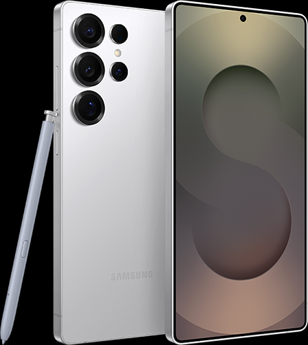 Two Galaxy S25 Ultra devices in Titanium Whitesilver. One is seen from the main screen and one is seen from the rear with S Pen leaning against it.