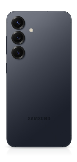 Galaxy S25 in Blueblack is seen from the rear to show a rear camera on the back and a side button.