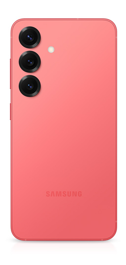 Galaxy S25 in Coralred is seen from the rear to show a rear camera on the back and a side button.