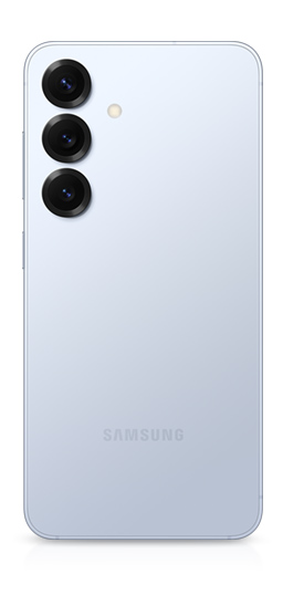 Galaxy S25 in Icyblue is seen from the rear to show a rear camera on the back and a side button.