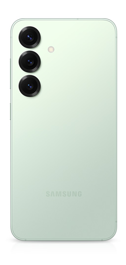 Galaxy S25 in Mint is seen from the rear to show a rear camera on the back and a side button.