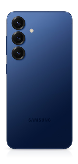 Galaxy S25 in Navy is seen from the rear to show a rear camera on the back and a side button.